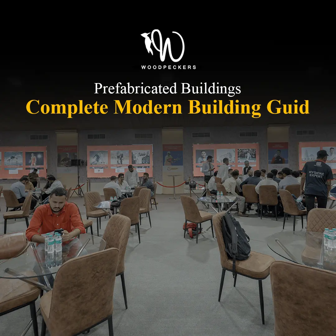 A spacious indoor event and seating area with people at round glass tables, illustrating the expansive interior capabilities of prefabricated buildings from the Woodpeckers modern building guide.