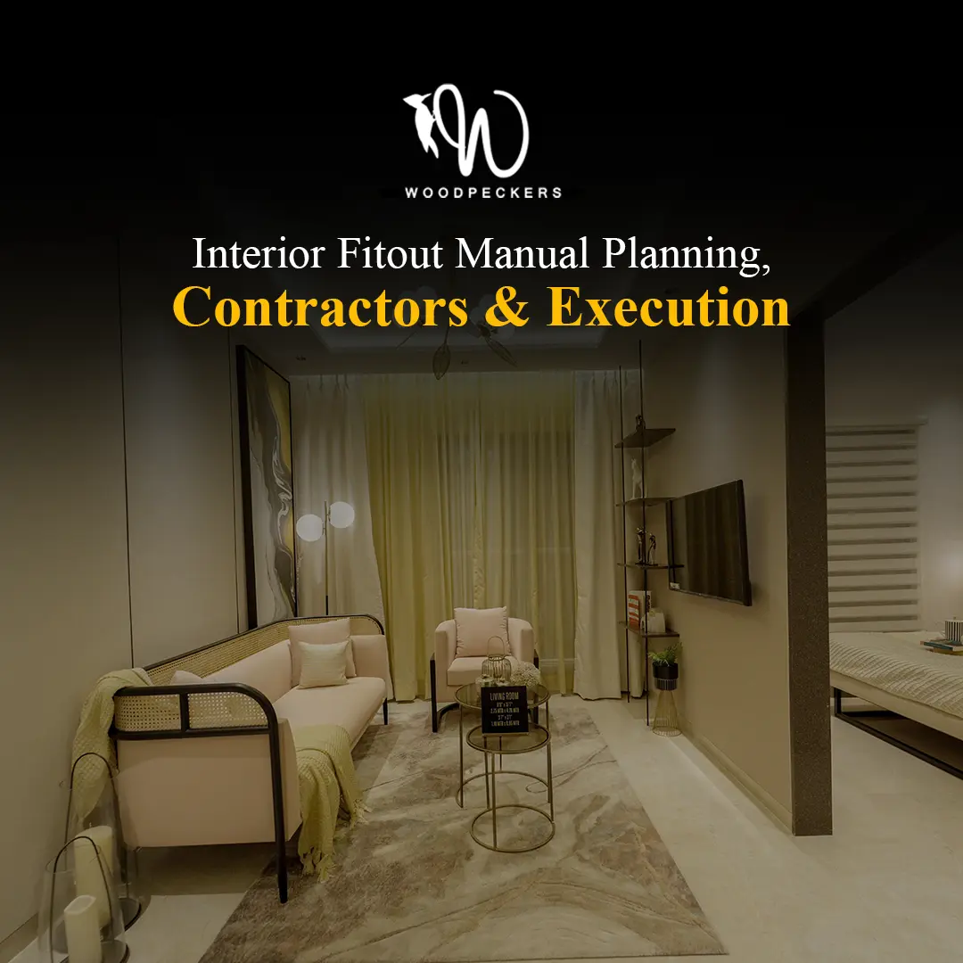 Modern interior fitout of a living area featuring a beige sofa, glass coffee table, and ambient lighting, illustrating the Woodpeckers manual for planning and execution.