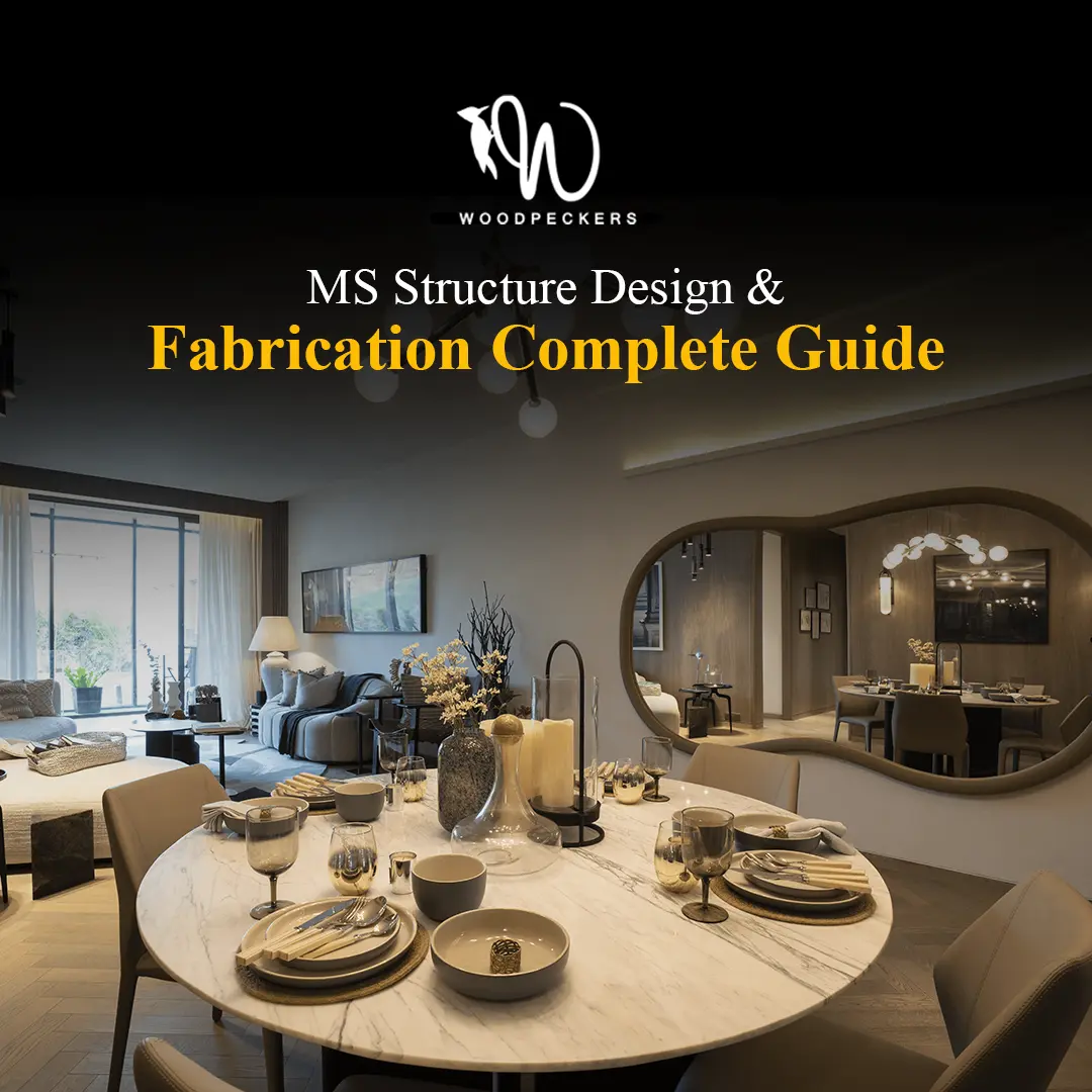 Modern open-plan dining and living space featuring a marble table and wavy mirror, illustrating the high-end architectural finishes enabled by MS structure design from the Woodpeckers fabrication guide.