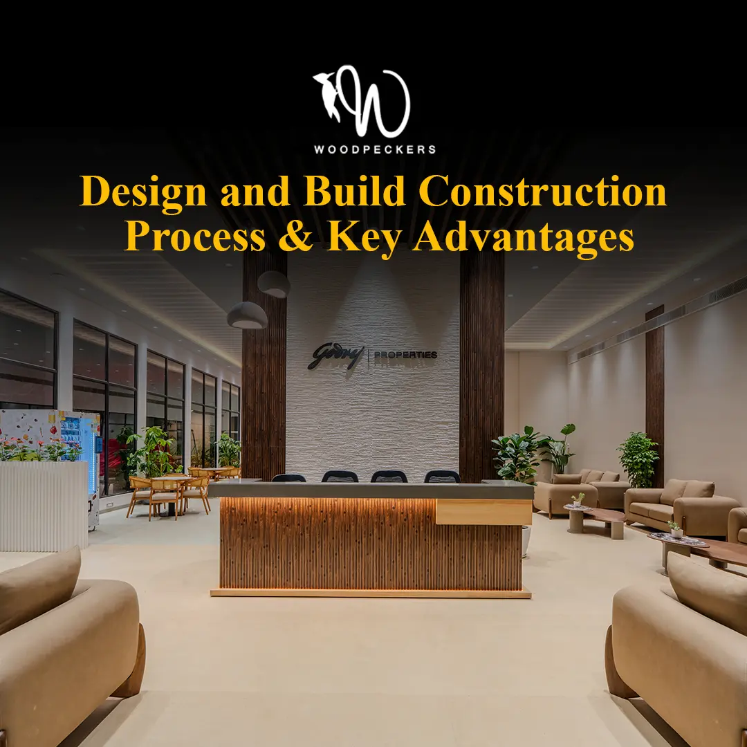 Modern corporate reception area featuring a custom wooden desk and lounge seating, illustrating the high-quality turnkey finishes of the design and build construction process by Woodpeckers.