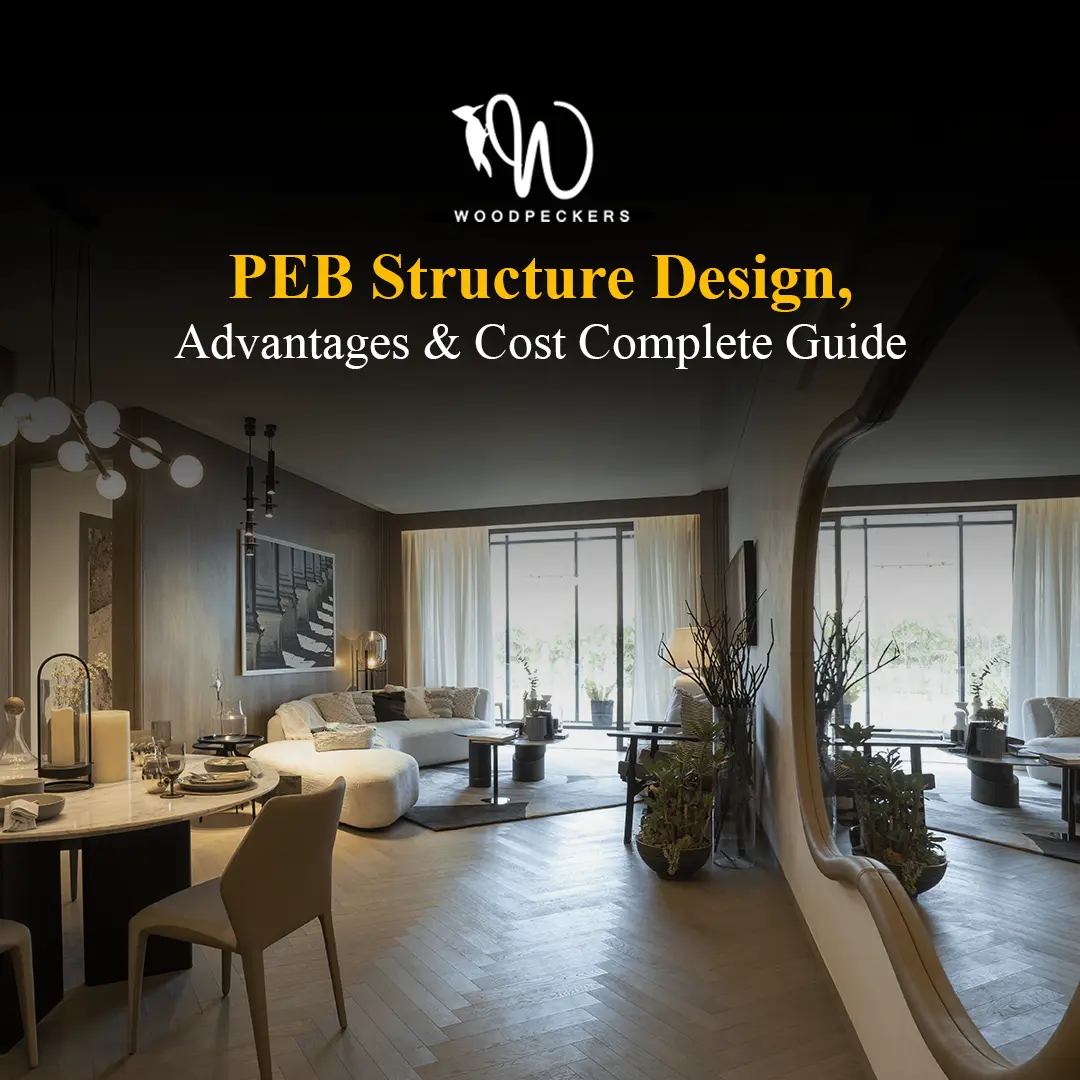 Modern interior living space illustrating the high-end finishing possibilities of PEB structure design from the Woodpeckers complete guide.